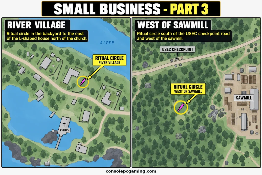 Two Woods locators showing the river-village backyard and west-of-sawmill knife placement sites for Small Business Part 3.
