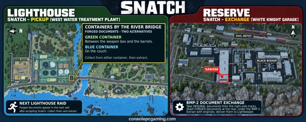 Snatch map showing the alternative blue and green Lighthouse containers and the RB-ST garage at the Reserve repair center