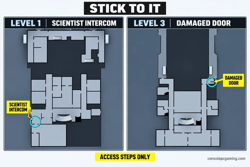 Stick to It access map showing the level 1 scientist intercom and level 3 damaged door on separate Icebreaker deck fragments.