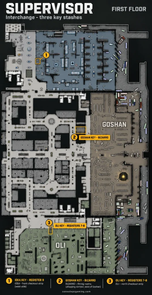 ULTRA first-floor map marking the three Supervisor stash areas at IDEA register 9, BIZARRO fitting rooms and OLI registers 7-8.