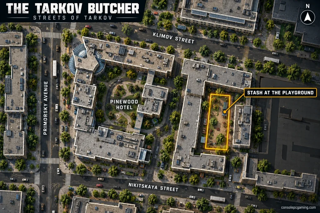 Streets of Tarkov locator highlighting the playground east of Pinewood Hotel between Klimov and Nikitskaya streets.