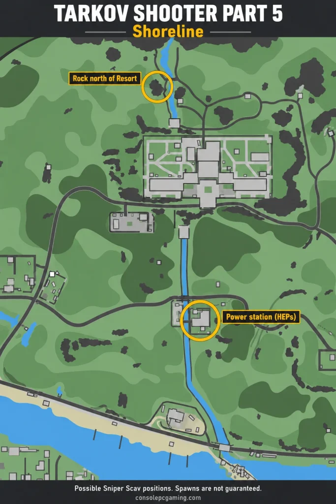 Shoreline map marking a possible Sniper Scav position on the rock north of Health Resort and another at the HEPs power-station roof beside the river.