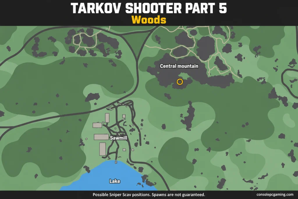 Woods map marking the possible mountain Sniper Scav position on the central mountain's southern rock face, with the sawmill and northern lake shore as context.