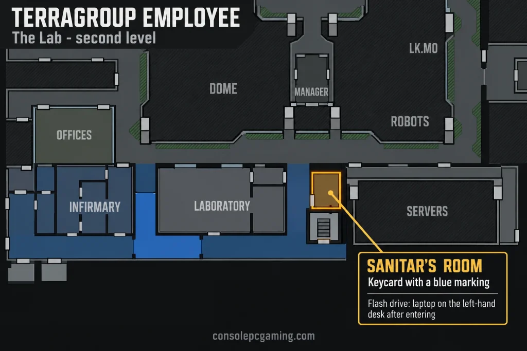 The Lab second-level plan highlighting Sanitar's small room between the Green laboratory and Servers.