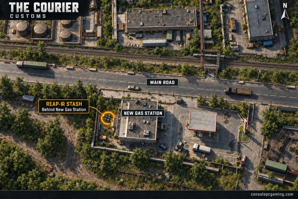 Customs locator highlighting the REAP-IR stash behind the New Gas Station shop, west of its forecourt.