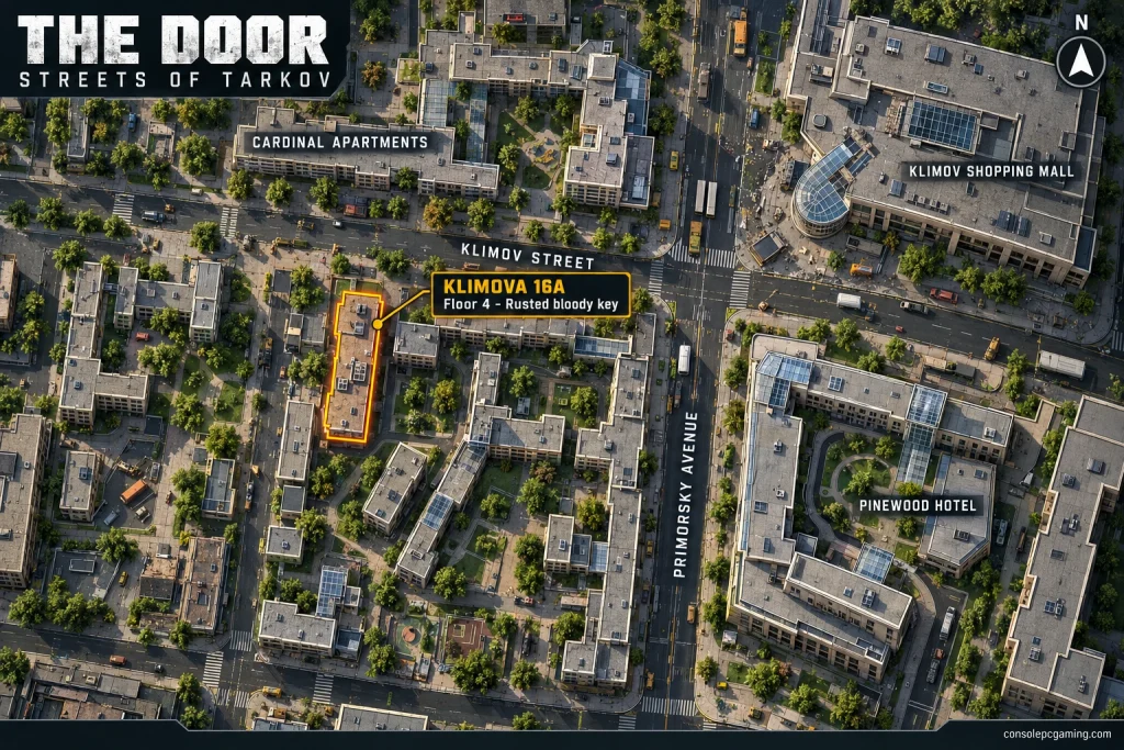 Streets of Tarkov map highlighting Klimova 16A south of Klimov Street and west of Primorsky Avenue.