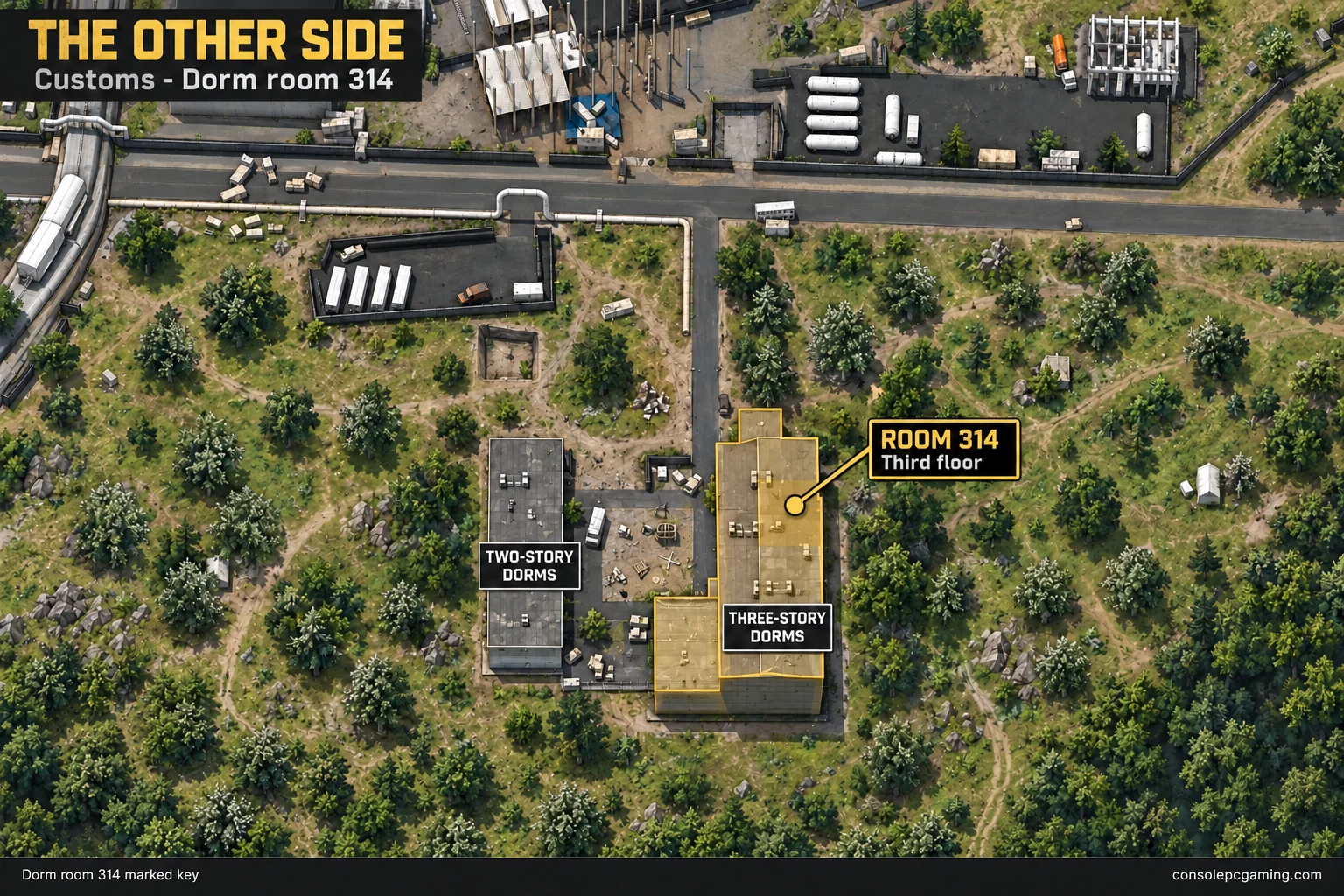 Detailed Customs dorms locator highlighting the three-story dorm building beside the central courtyard, with Room 314 identified on its third floor.