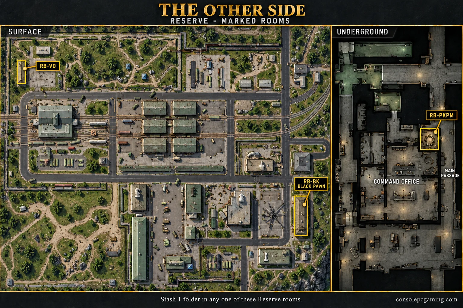 Detailed Reserve locator showing RB-VO northwest of the train terminal, RB-BK at Black Pawn east of the helicopter courtyard, and an underground inset for RB-PKPM beside the command office.