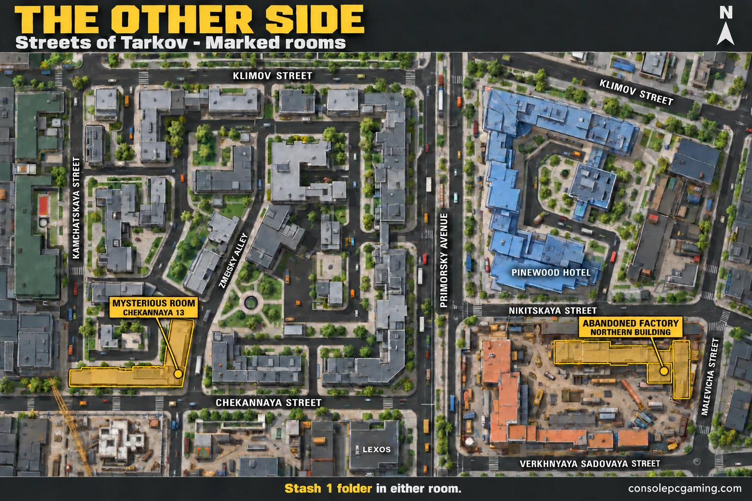 Detailed Streets of Tarkov map highlighting the Mysterious room in Chekannaya 13 and the northern factory's south-projecting marked section as alternative destinations.