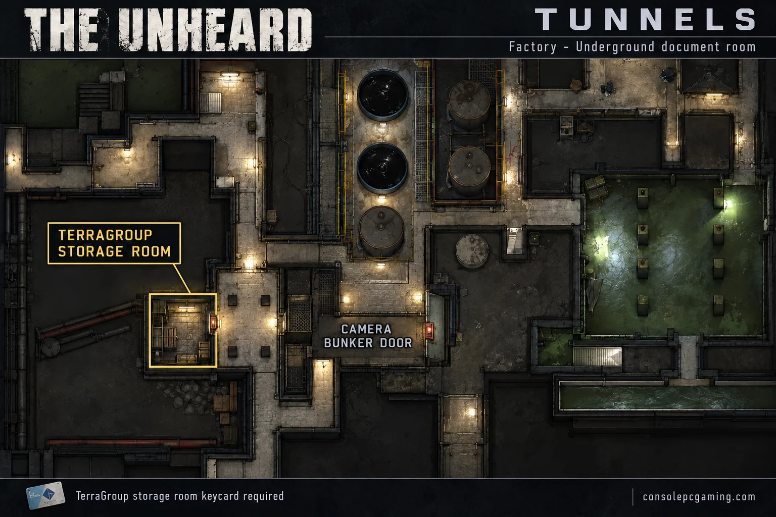 Factory tunnel map highlighting the small TerraGroup storage room west of the Camera Bunker Door landing and south of the central vat chamber.