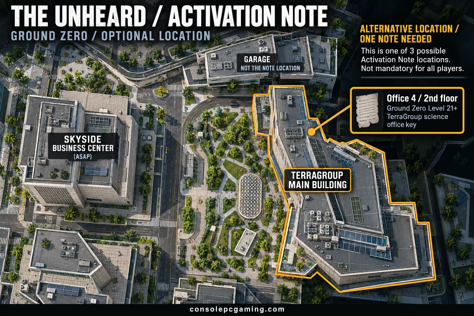 Main TerraGroup science building east of Skyside on Ground Zero, marked as one optional activation-note location.