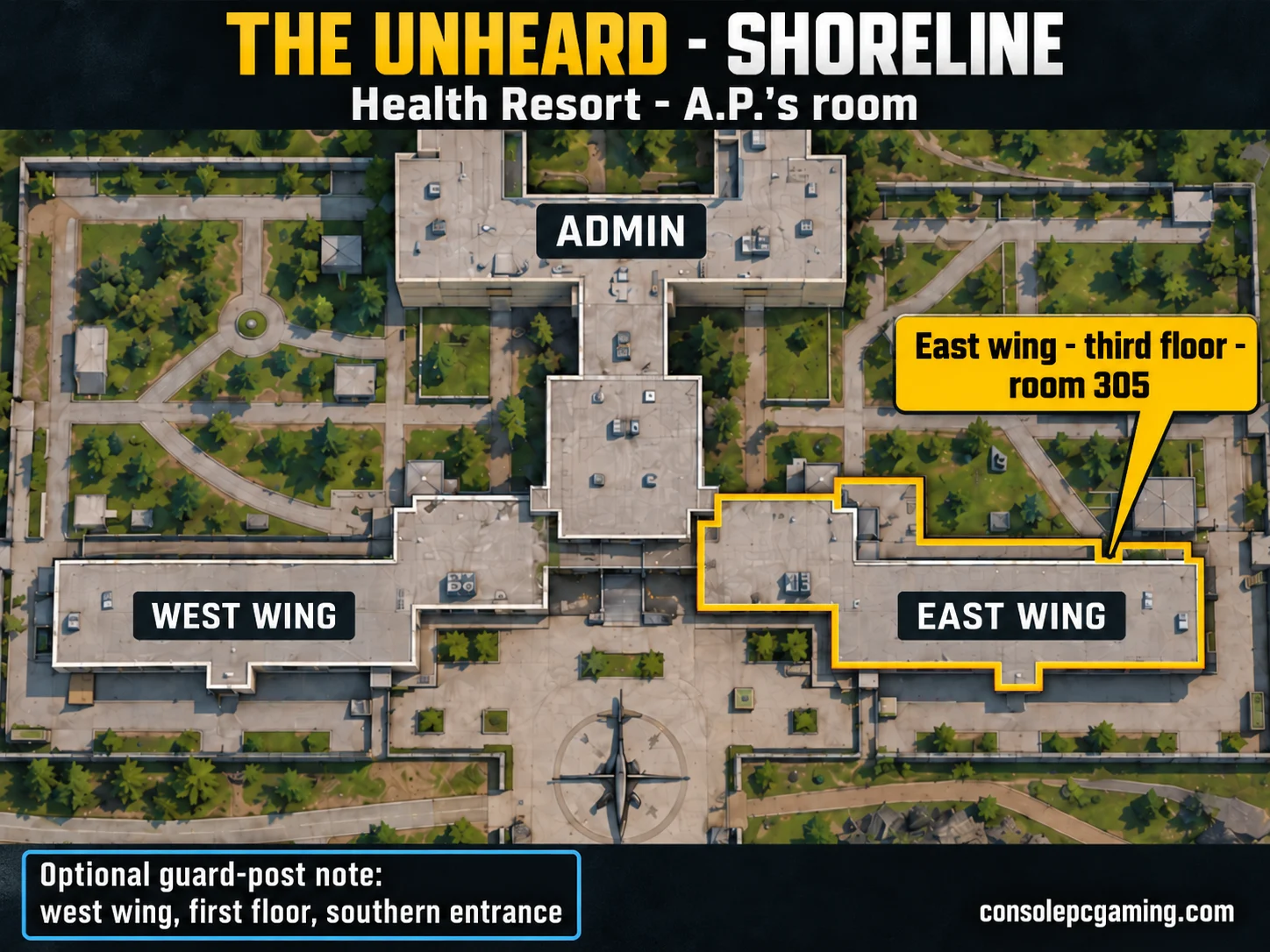 Health Resort map highlighting the east wing for A.P.'s room 305, with the west wing and admin building labelled.