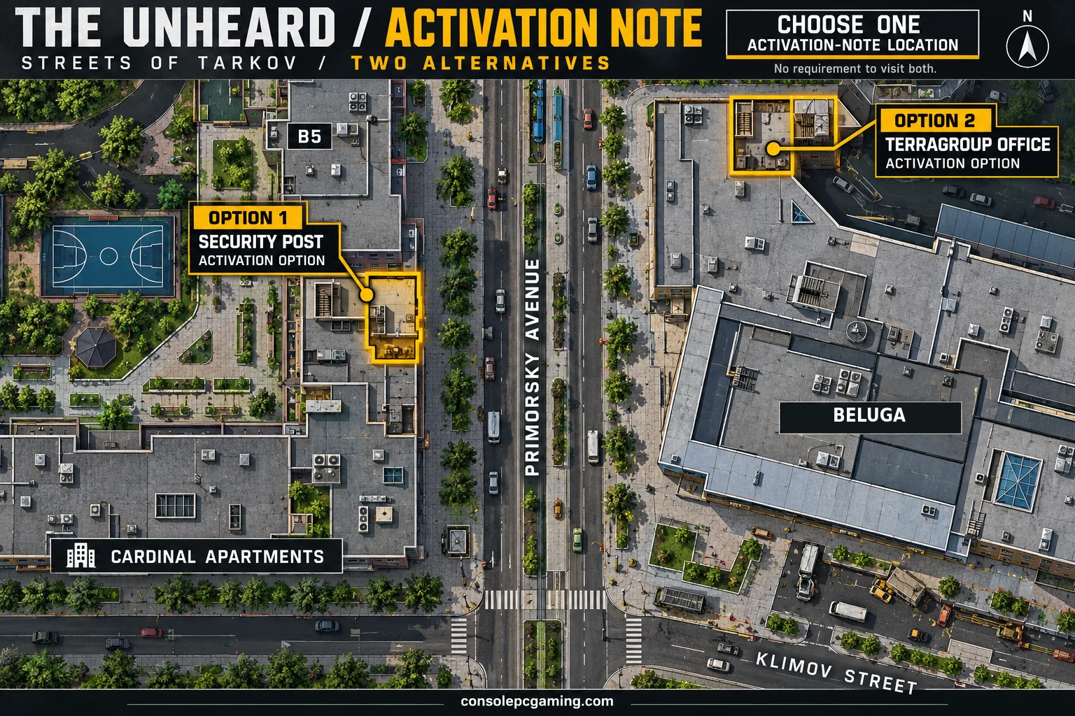 Two alternative activation-note locations on opposite sides of Primorsky Avenue, at Cardinal's security post and the TerraGroup office.