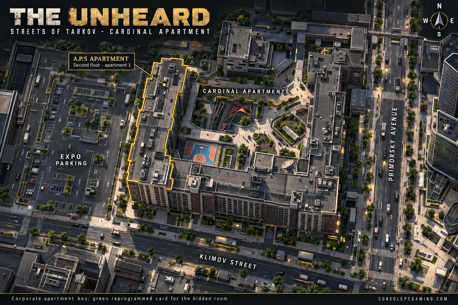 Streets map highlighting the western Cardinal apartment wing north of Klimov Street, east of Expo parking and west of Primorsky Avenue.