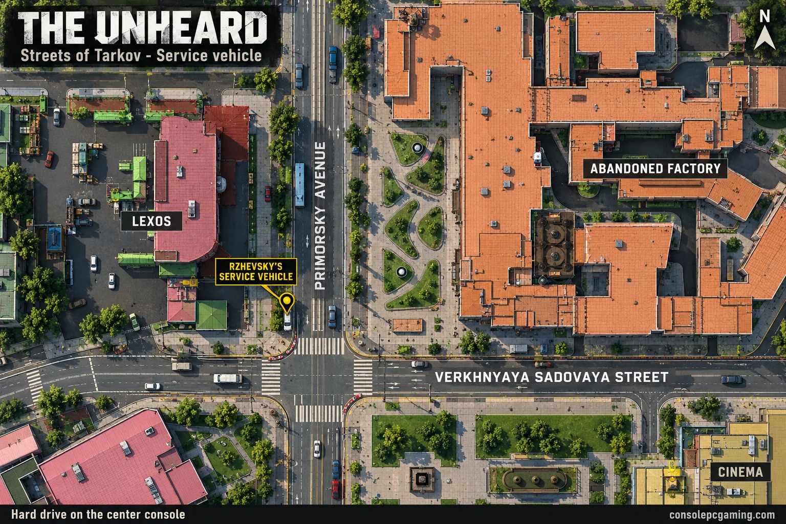 Streets of Tarkov map marking Rzhevsky's service vehicle west of Primorsky Avenue at the junction north of Verkhnyaya Sadovaya Street.