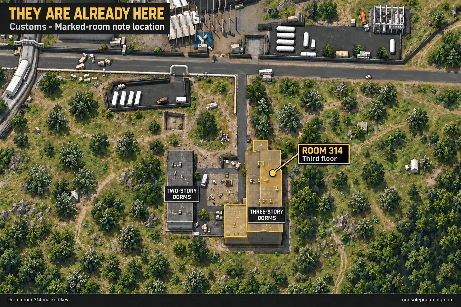 Customs dorms map highlighting the three-story building for room 314 and the Cultist priest note.