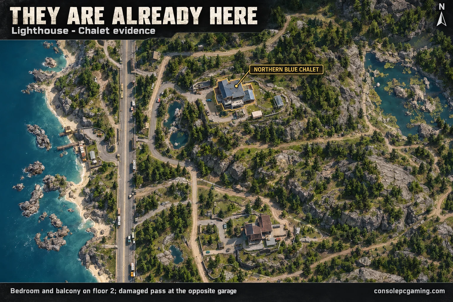 Lighthouse hillside map highlighting the northern blue chalet east of the coastal road and north of the other chalet.