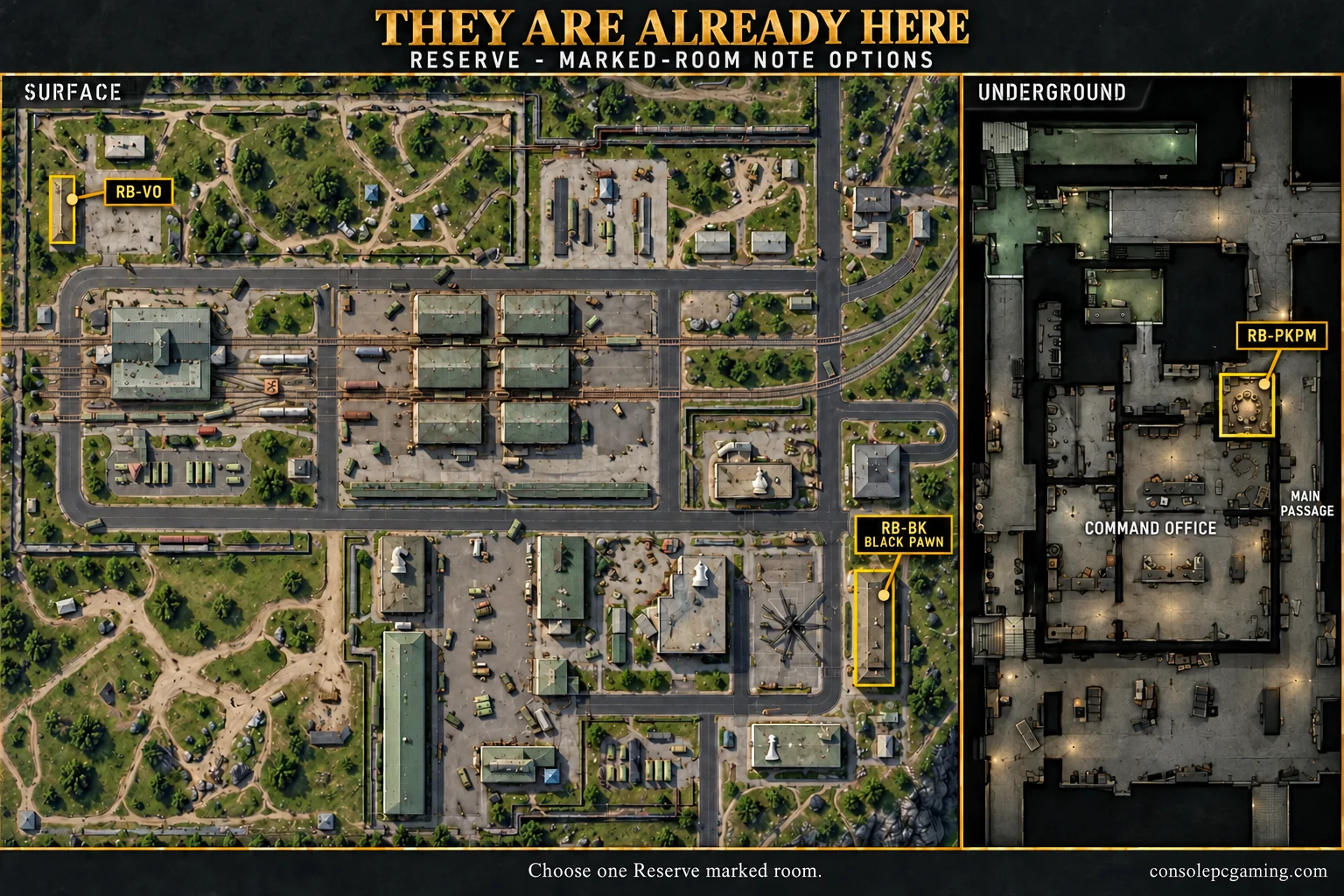 Reserve map showing Black Pawn, the RB-VO security barrack and a separate underground inset for RB-PKPM.