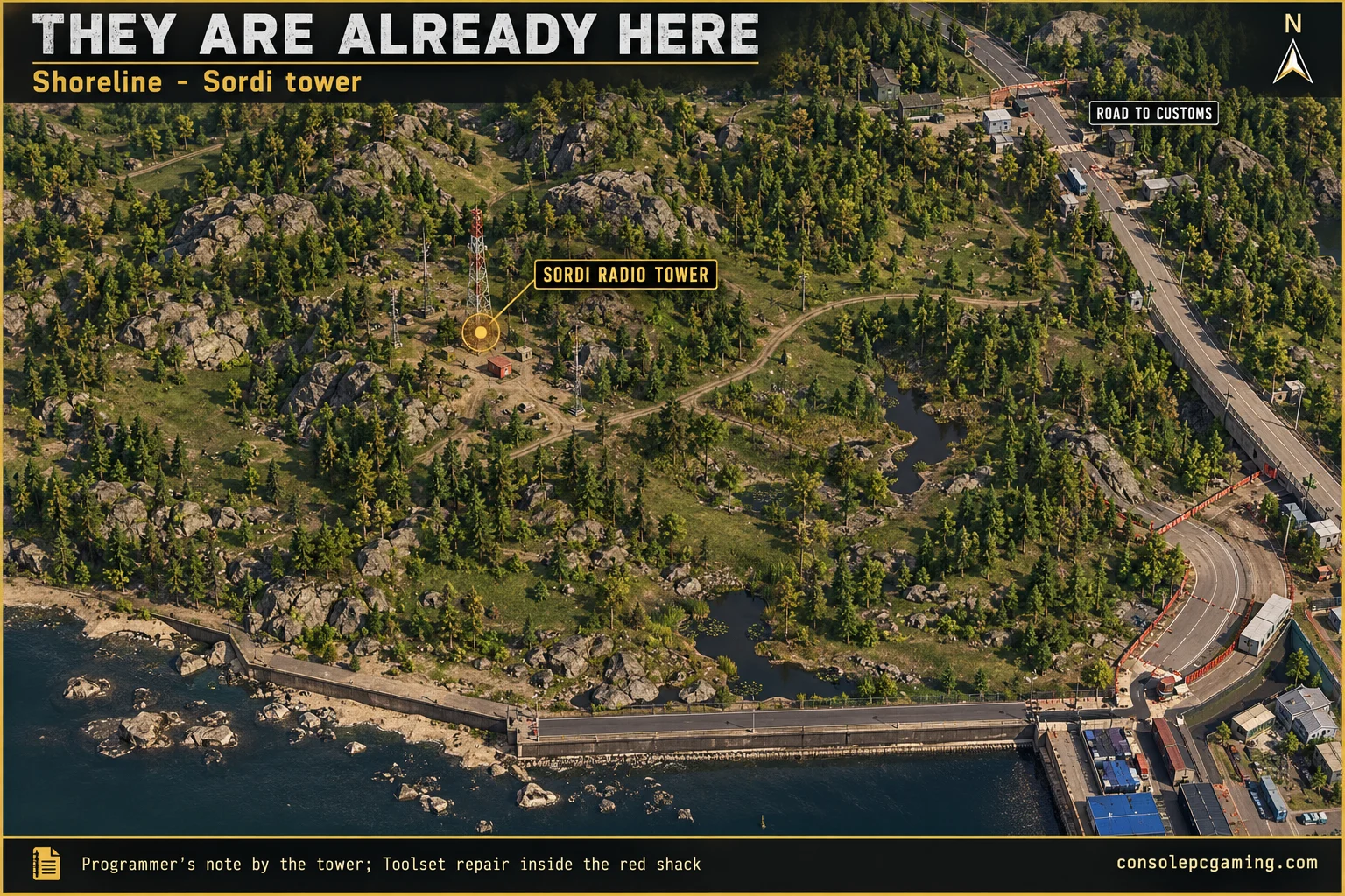 Eastern Shoreline map marking the inland Sordi radio-tower site southwest of Road to Customs.