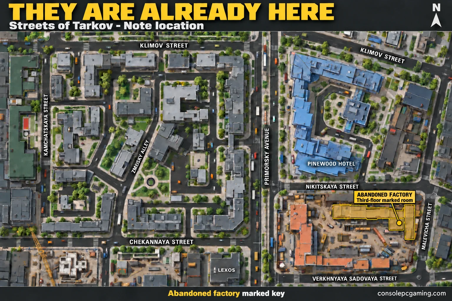 Streets map highlighting the northern abandoned factory for the third-floor marked-room priest note.
