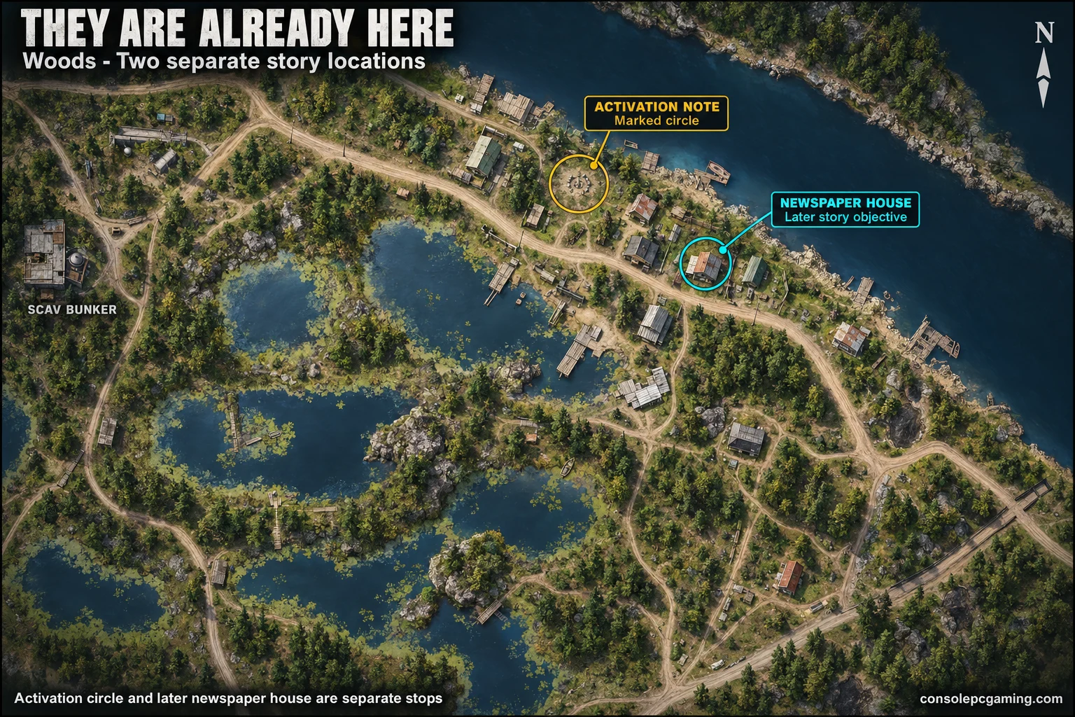 Northern Woods village map separately marking the activation-note circle and the later newspaper house.