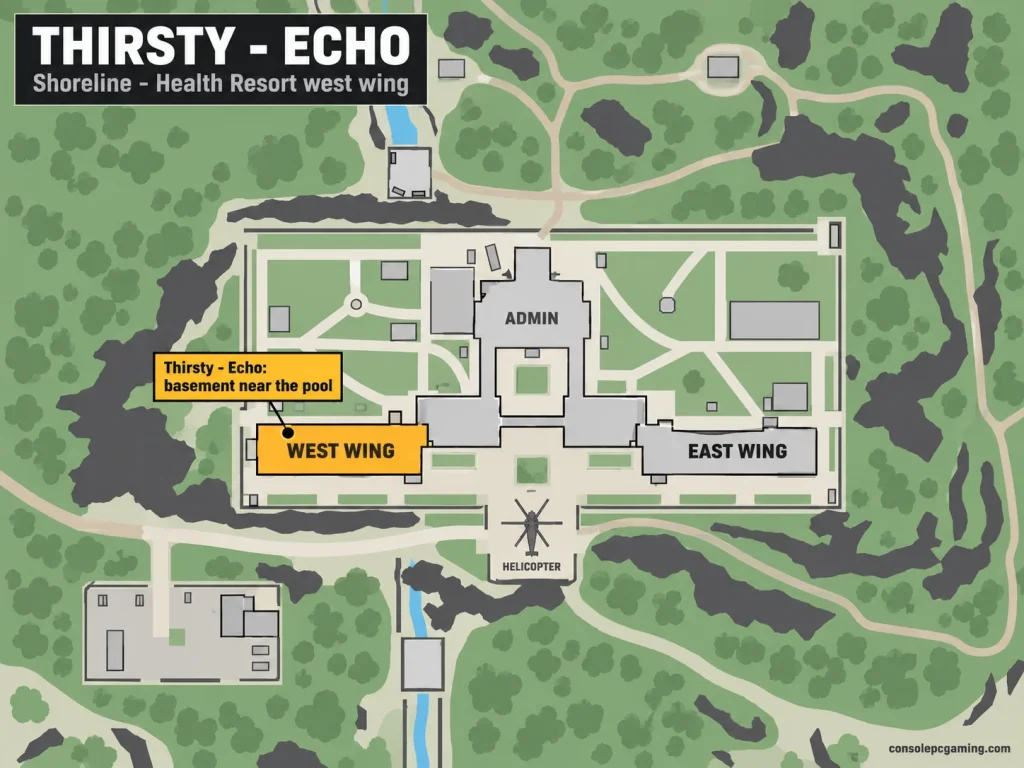 Health Resort campus locator highlighting the west wing, with the admin block, east wing and helicopter for orientation.