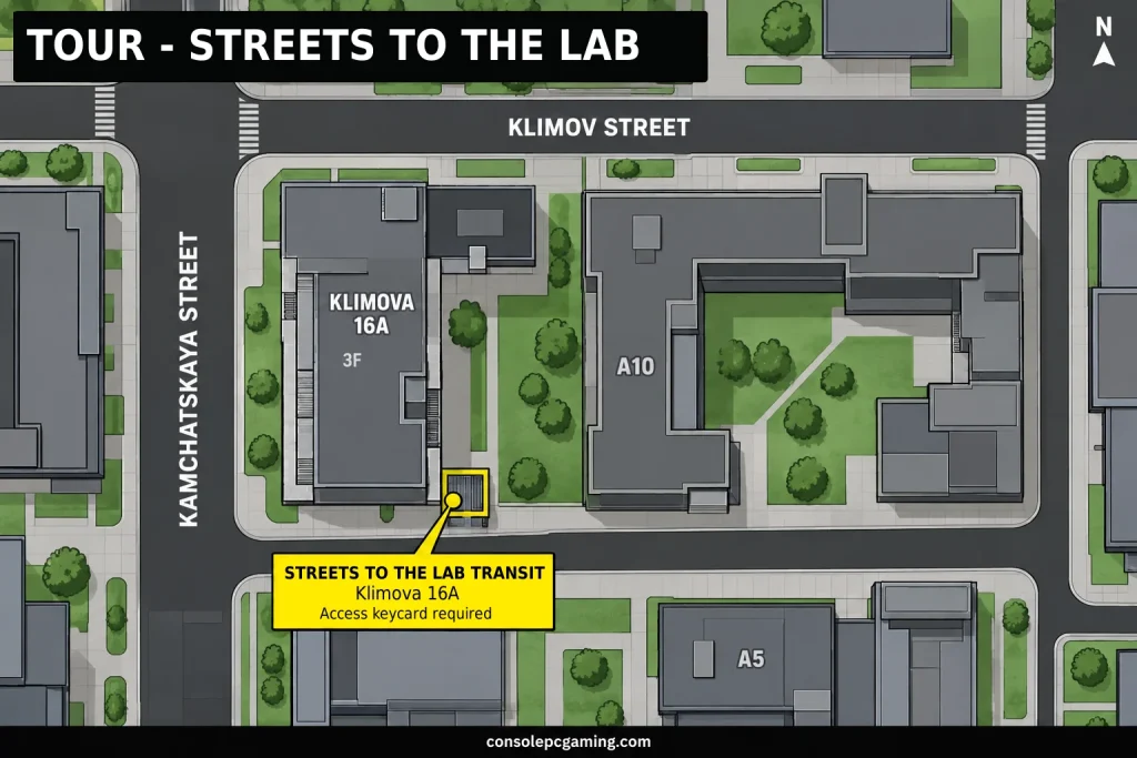 Tour Streets of Tarkov locator for the underground Lab transit in the western residential block near Klimova 16A.