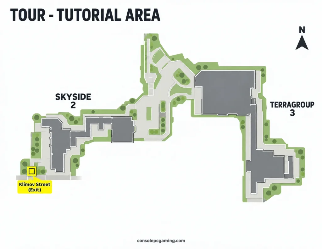 Tour tutorial map locating the Klimov Street exit on the southwest side of Skyside, with TerraGroup to the east.