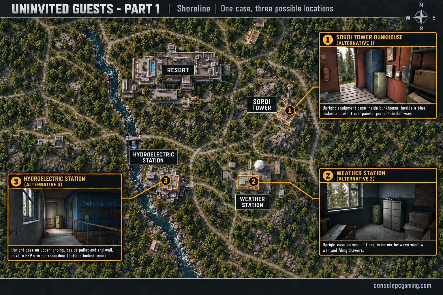 Shoreline military case alternative spawns; Sordi tower bunkhouse - alternative 1, Weather station - alternative 2, Hydroelectric station - alternative 3.