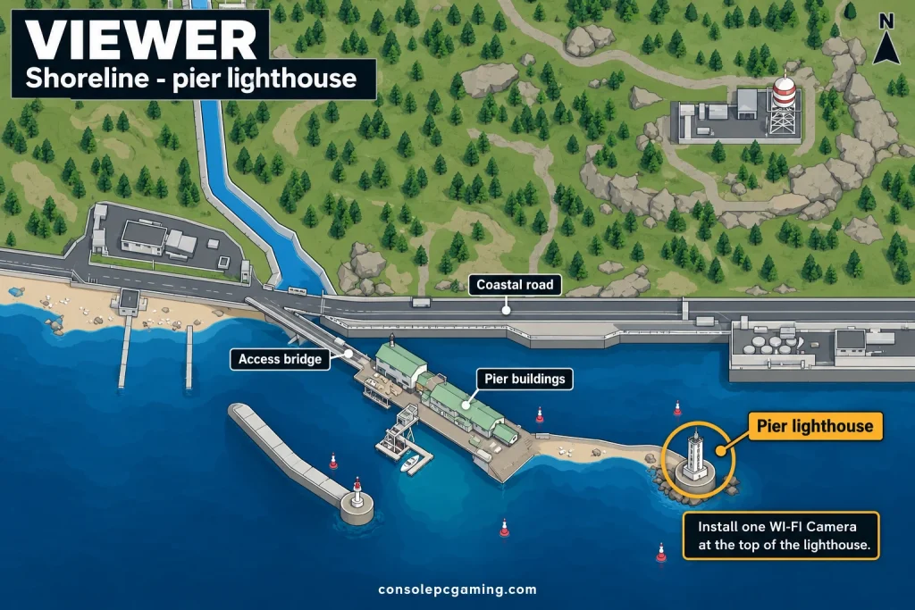 Viewer quest map highlighting the lighthouse at the eastern tip of Shoreline's pier, beyond the pier buildings.