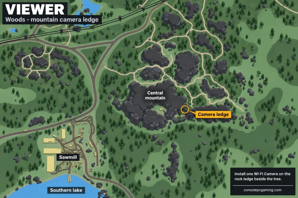 Viewer quest map marking the Woods mountain camera ledge northeast of the sawmill, above Mountain Stash.