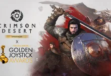 Crimson Desert’s armored warrior and other characters appear beside Golden Joystick Awards branding.