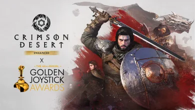 Crimson Desert’s armored warrior and other characters appear beside Golden Joystick Awards branding.