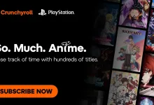Crunchyroll and PlayStation logos beside a collage of anime series artwork.