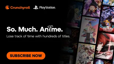 Crunchyroll and PlayStation logos beside a collage of anime series artwork.
