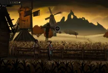 Ambrose speaks with a resident beside a cornfield and windmill in Curse of Resthaven.