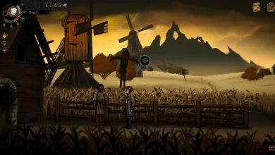 Ambrose speaks with a resident beside a cornfield and windmill in Curse of Resthaven.