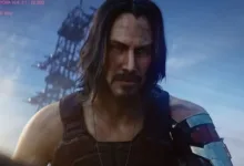 A long-haired character in a futuristic outfit appears against a blue city backdrop in Cyberpunk 2077.