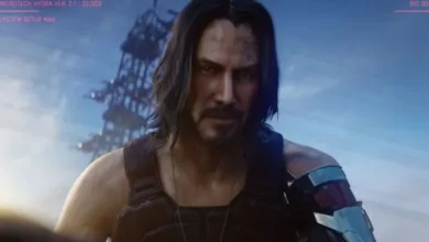A long-haired character in a futuristic outfit appears against a blue city backdrop in Cyberpunk 2077.