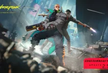 Two armed characters stand in a futuristic city scene in Cyberpunk 2077 Update 2.5 artwork.