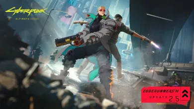 Two armed characters stand in a futuristic city scene in Cyberpunk 2077 Update 2.5 artwork.