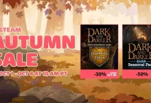 Dark and Darker Steam Autumn Sale graphic showing Legendary Status at $21 and the EAS10 Seasonal Pack at $4.49, with 30% and 50% discounts