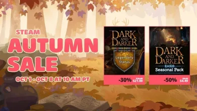 Dark and Darker Steam Autumn Sale graphic showing Legendary Status at $21 and the EAS10 Seasonal Pack at $4.49, with 30% and 50% discounts