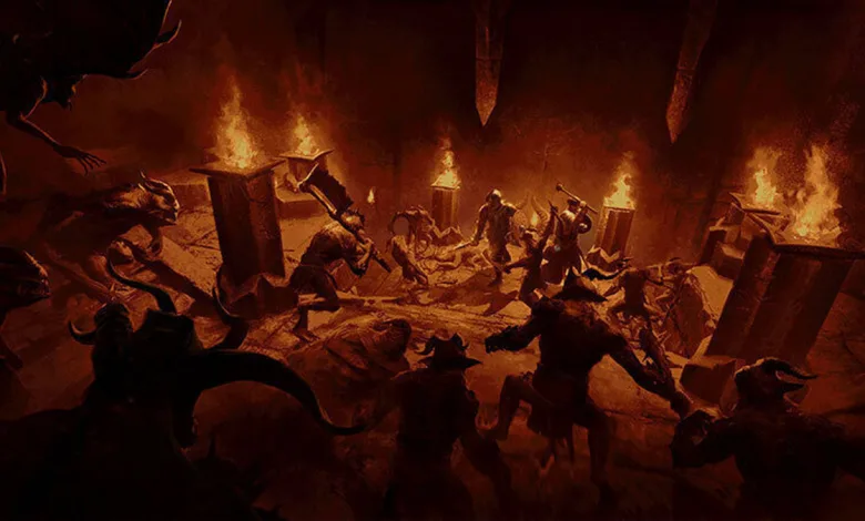 Dark and Darker adventurers fight amid flames and monsters in a cavernous dungeon.