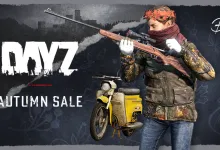 DayZ artwork showing a survivor holding a rifle beside a motorcycle, with Autumn Sale text.