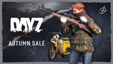 DayZ artwork showing a survivor holding a rifle beside a motorcycle, with Autumn Sale text.