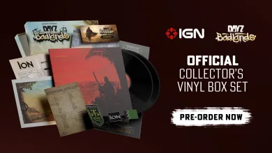 The DayZ Badlands collector’s vinyl box set is displayed with soundtrack records, sleeves, a code card, printed inserts, and patches.