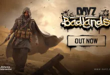 A hooded, geared survivor walks through a dusty desert scene beside the DayZ Badlands logo.