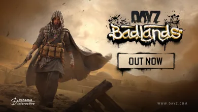 A hooded, geared survivor walks through a dusty desert scene beside the DayZ Badlands logo.