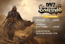 A hooded survivor stands beside a Week 1 panel listing 325,500 copies sold, 435,500 peak daily active players, and 3.77 million Twitch hours watched.